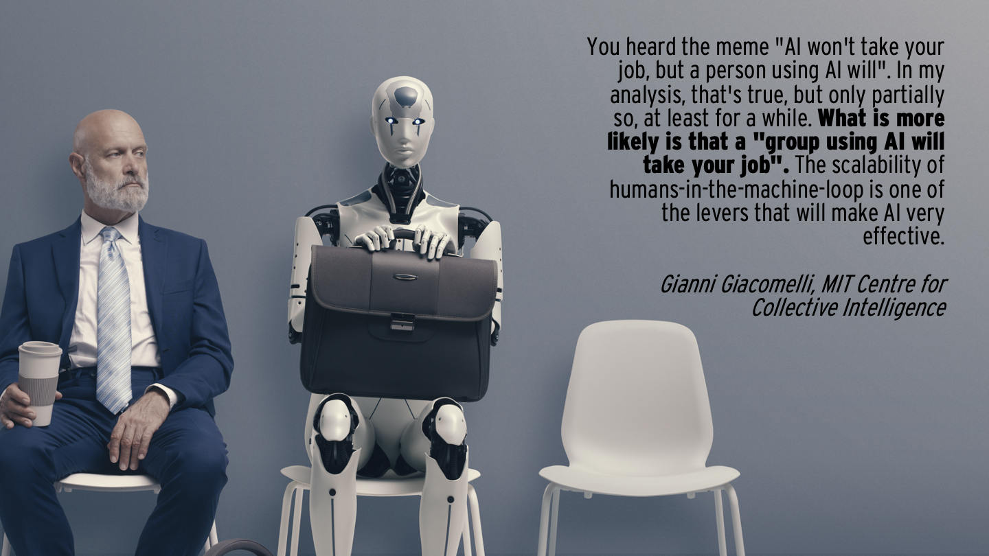 A person and a robot sitting on chairsDescription automatically generated